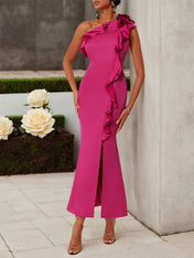 Rose Red Ruffled One-Shoulder Slit A-Line Maxi Dress