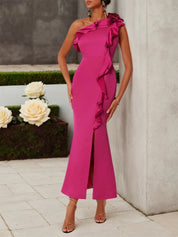 Rose Red Ruffled One-Shoulder Slit A-Line Maxi Dress