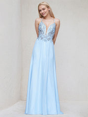 Sky Blue Satin Spaghetti Straps Sleeveless Floor Length Bridesmaid Dress With Beadings