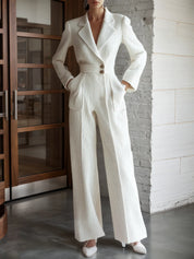 White Tweed Buckle Pocket Stitching Lapel Collar Wide-Leg Jumpsuit
