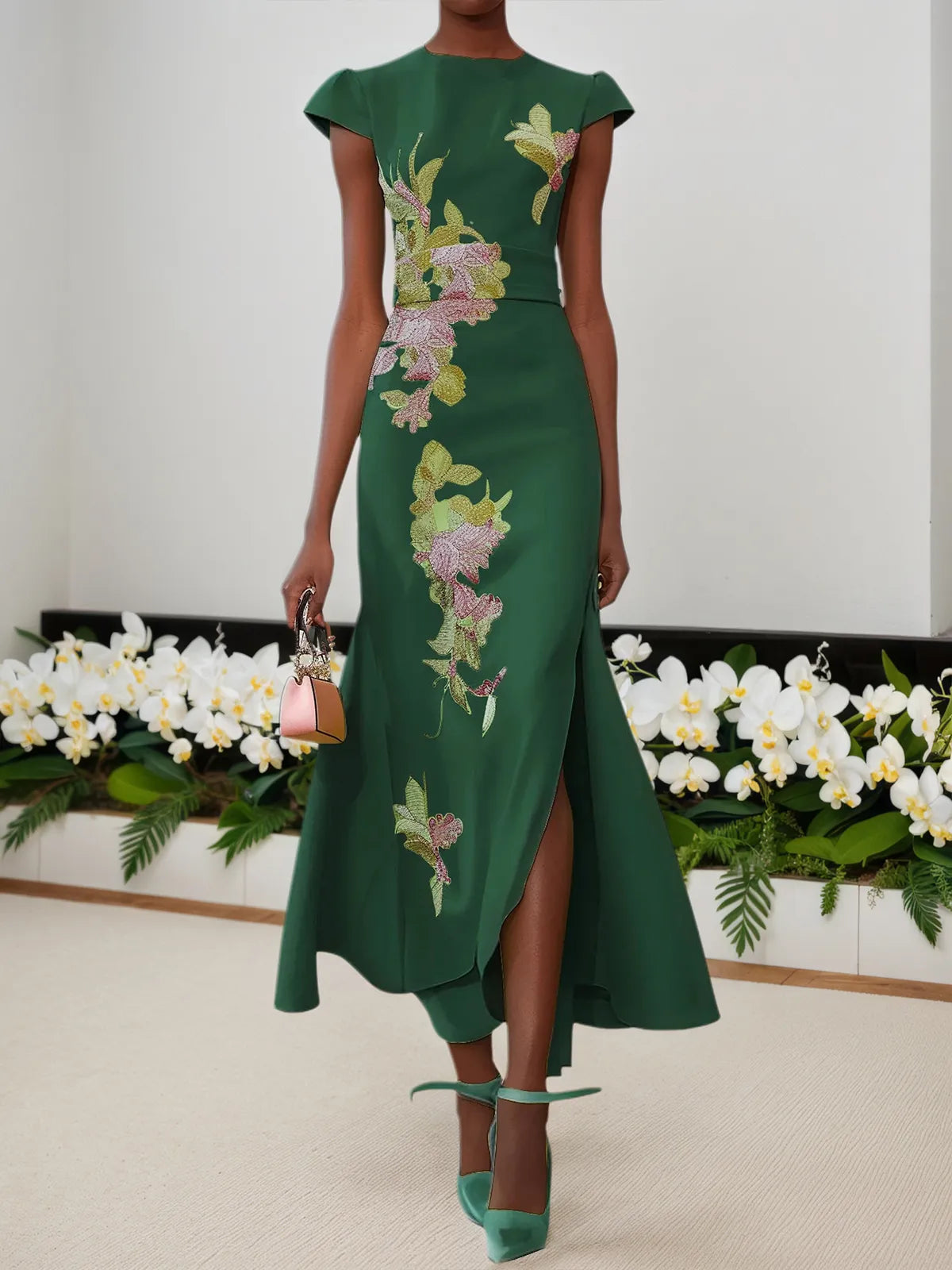 Green Floral Embroidered Cap Sleeve Slit Sheath Maxi Dress
