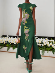 Green Floral Embroidered Cap Sleeve Slit Sheath Maxi Dress