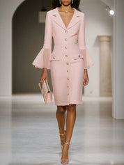 Light Pink Buckle Mesh Tweed Lapel Collar Long Sleeve Bell Sleeve Sheath Midi Dress