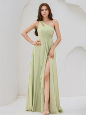 A Line Sage Chiffon One Shoulder Sleeveless Dress With High Slit