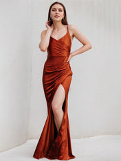 Rust Sheath/Column Satin Spaghetti Straps Sleeveless Floor Length Dress