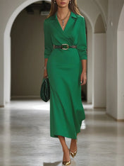Green Lapel Collar Long Sleeve Sheath/Column Shirt Midi Dress