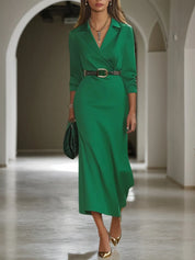 Green Lapel Collar Long Sleeve Sheath/Column Shirt Midi Dress