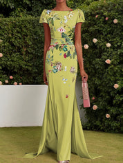 Yellow Floral Short Sleeve A-Line Gown