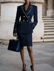 Women Navy Blue Tweed Buckle Peaked Lapel Collar Long Sleeve Dressy Coat With Skirt Two-Piece Set
