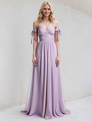 Lilac A Line Chiffon Spaghetti Straps Sleeveless Floor Length Dress With Bow