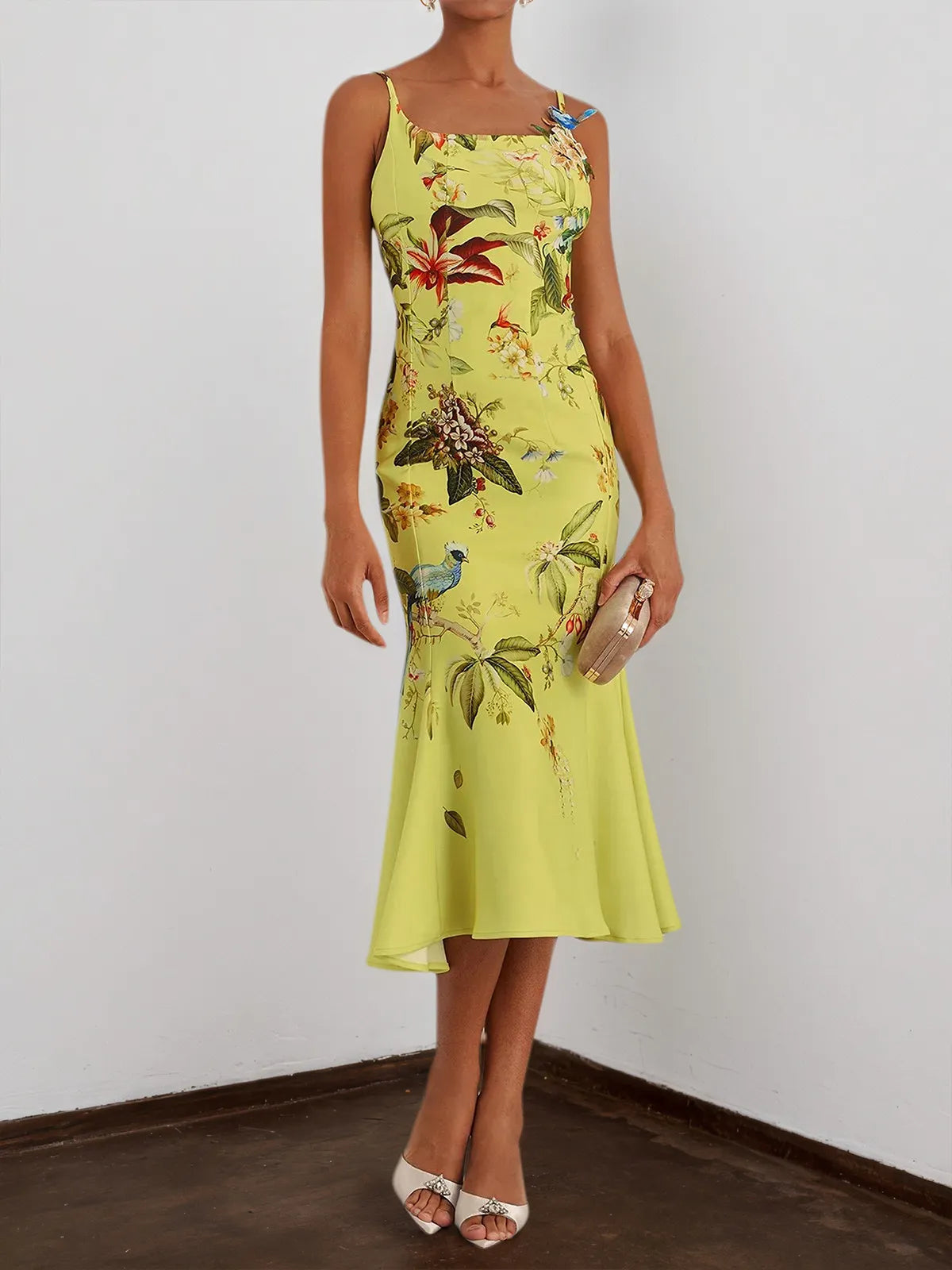 Yellow Floral Applique Spaghetti Mermaid Midi Dress