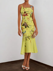 Yellow Floral Applique Spaghetti Mermaid Midi Dress