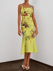 Yellow Floral Applique Spaghetti Mermaid Midi Dress