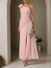 Pink 3D Floral Chiffon One Shoulder Sleeveless Sheath Gown Dress