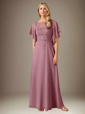 A Line Chiffon Boat Neck Short Sleeves Floor Length Pleated Mother of the Bride Dresses With Appliques