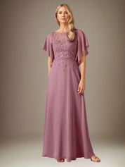 A Line Chiffon Boat Neck Short Sleeves Floor Length Pleated Mother of the Bride Dresses With Appliques