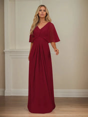 A Line V Neck 1/2 Sleeve Floor Length Chiffon Mother of the Bride Dress