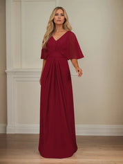 A Line V Neck 1/2 Sleeve Floor Length Chiffon Mother of the Bride Dress