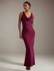 Burgundy Satin Sheath/Column Cowl Neck Sleeveless Floor Length Dress