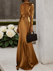 Golden Satin Ruched High Neck Long Sleeve A-Line Gown