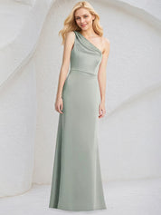 Sheath/Column Satin One Shoulder Sleeveless Floor Length Bridesmaid Dress