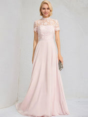 Blushing Pink A-Line High Neck Floor-Length Lace Chiffon Bridesmaid Dresses