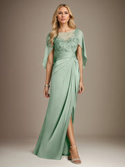 Mist Blue A Line Satin Boat Neck Cape Sleeves Floor Length Dress With High Slit