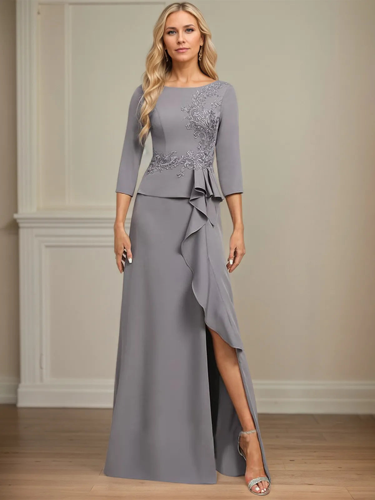 Sheath/Column Scoop Floor-Length Stretch Crepe Dress With Cascading Ruffles Appliques