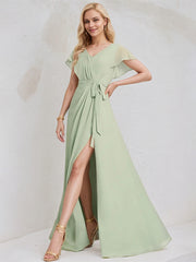 Celadon Chiffon A Line V Neck Ruffle Sleeves Floor Length Bridesmaid Dress