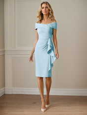 Sky Blue Sheath/Column Stretch Crepe Off The Shoulder Sleeveless Knee Length Mother of the Bride Dresses
