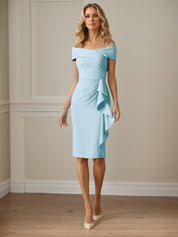 Sky Blue Sheath/Column Stretch Crepe Off The Shoulder Sleeveless Knee Length Mother of the Bride Dresses