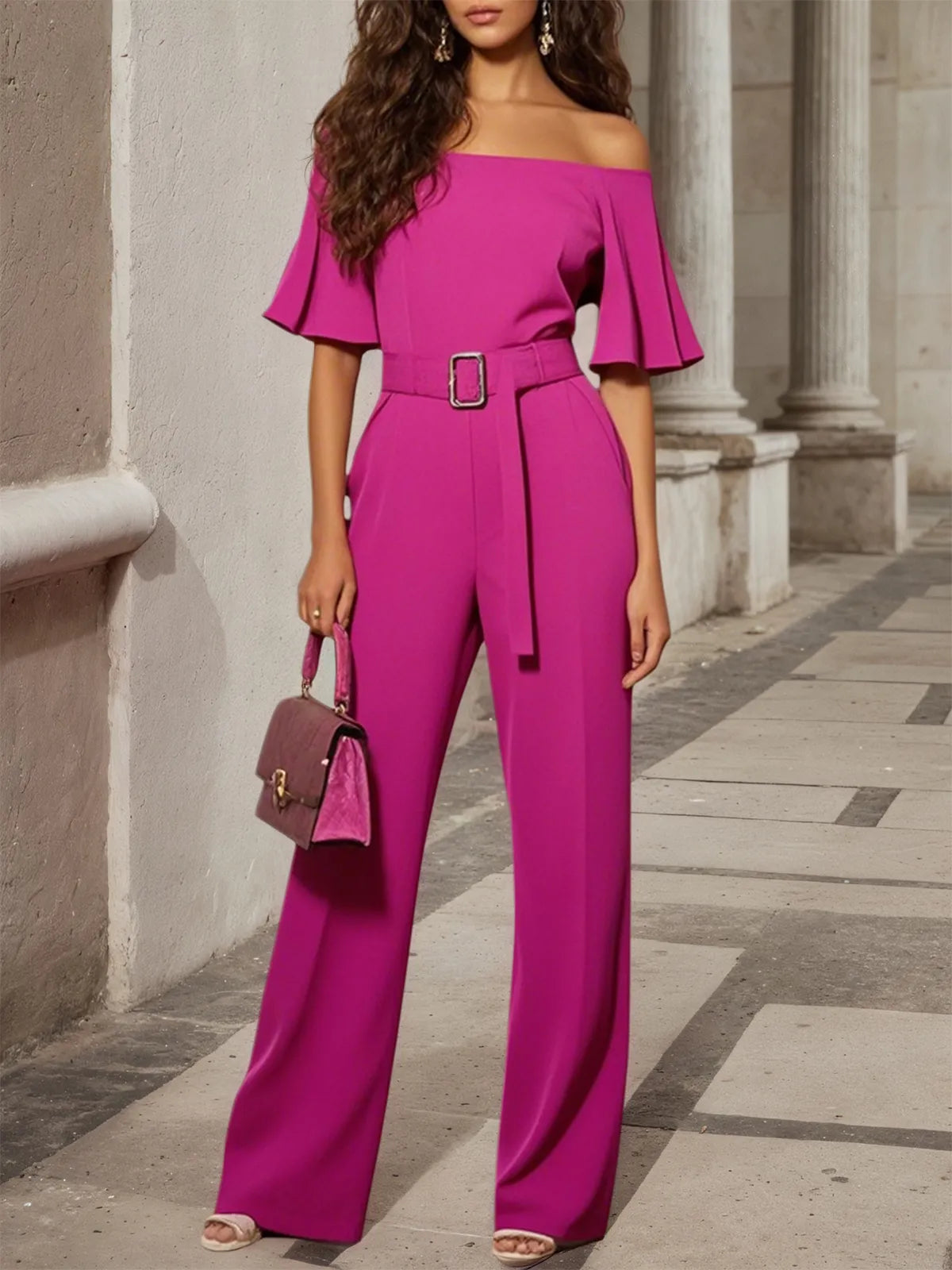 Rose Red Plain Off The Shoulder Bell Sleeve Jumpsuit With Belt