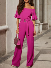 Rose Red Plain Off The Shoulder Bell Sleeve Jumpsuit With Belt