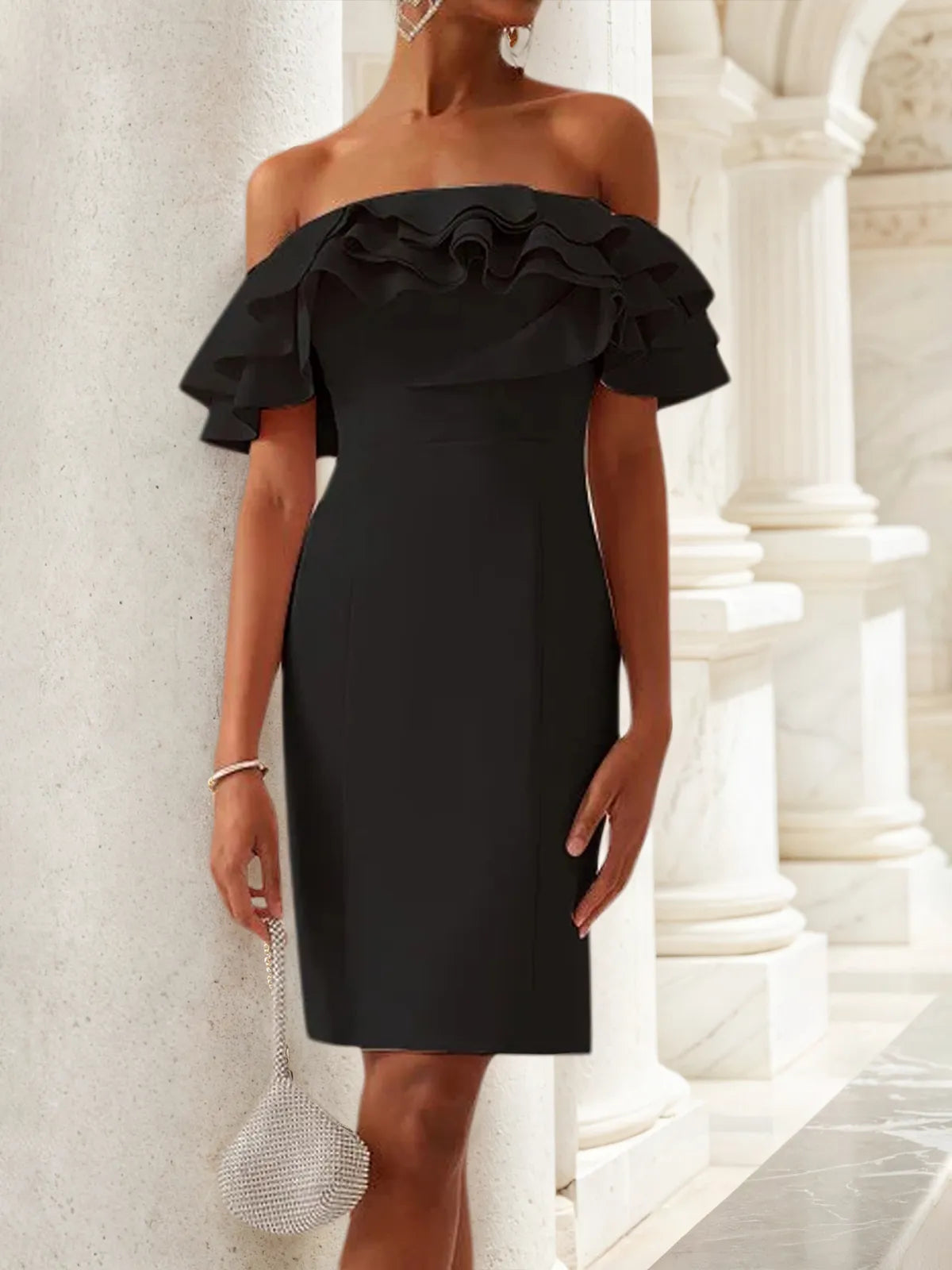 Black Off The Shoulder Ruched Sheath Midi Dress