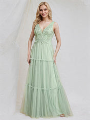 Mint Green Tulle A Line V Neck Sleeveless Floor Length Bridesmaid Dress with Applique