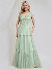 Mint Green Tulle A Line V Neck Sleeveless Floor Length Bridesmaid Dress with Applique