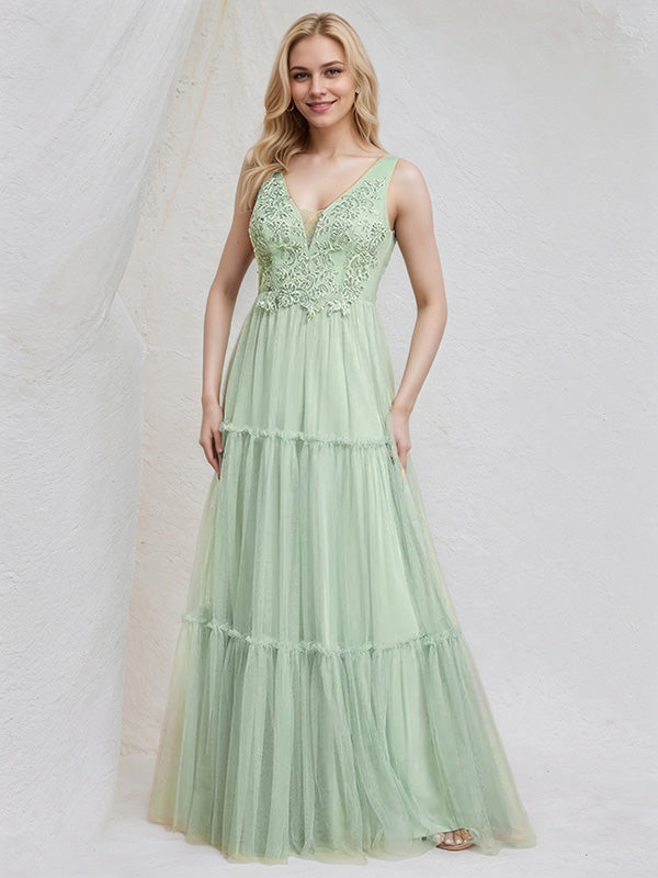 Mint Green Tulle A Line V Neck Sleeveless Floor Length Bridesmaid Dress with Applique