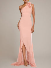Pink 3D Floral Lace Classic One Shoulder Sleeveless Mermaid Gown Dress