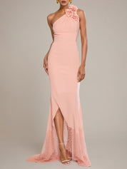 Pink 3D Floral Lace Classic One Shoulder Sleeveless Mermaid Gown Dress