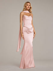 Pink Sheath/Column Satin Off The Shoulder Sleeveless Floor Length Dress