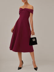 Burgundy A Line Stretch Crepe Off The Shoulder Sleeveless Tea Length Dresses