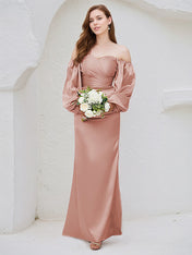 Dusty Rose Satin Sheath/Column Off the Shoulder Long Sleeves Floor Length Bridesmaid Dress