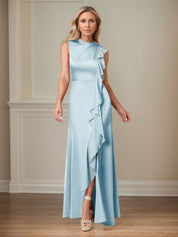Sky Blue A Line Satin High Neckline Sleeveless Floor Length Mother of the Bride Dresses