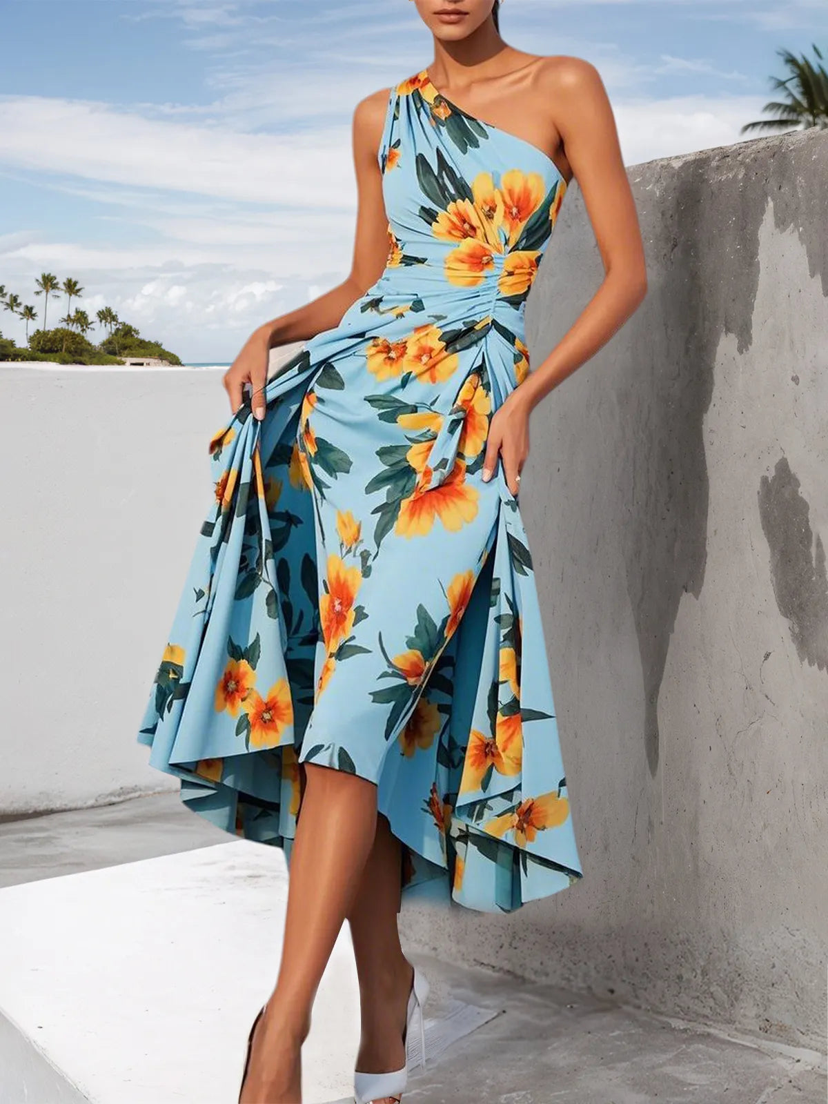 Blue Floral One Shoulder Sleeveless A-Line Midi Dress
