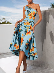 Blue Floral One Shoulder Sleeveless A-Line Midi Dress