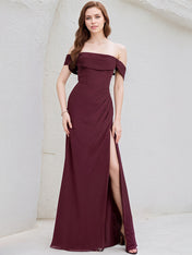 Cabernet Chiffon A Line Off the Shoulder Floor Length Bridesmaid Dress With Slit