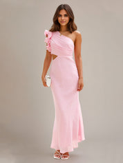 Soft Pink Chiffon Sheath/Column One Shoulder Ankle Length Bridesmaid Dresses