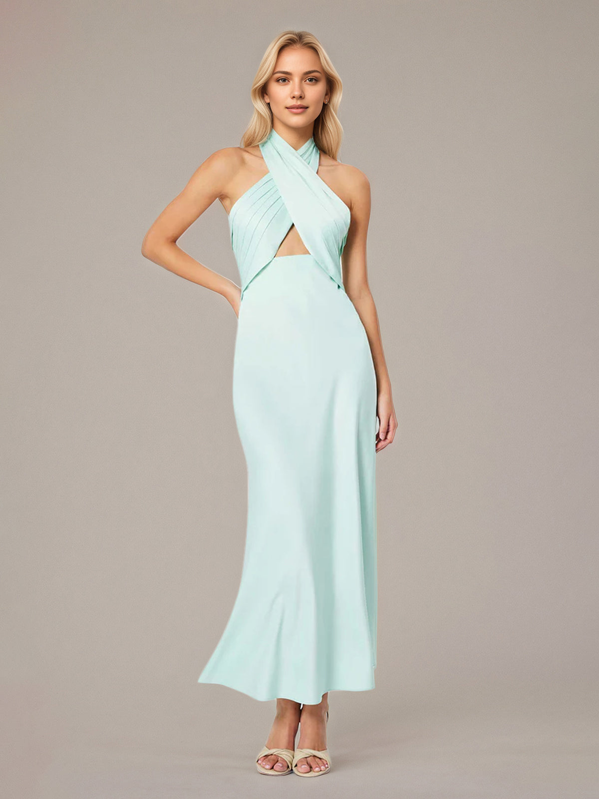 Mint Sheath/Column Satin Halter Neck Sleeveless Floor Length Dress