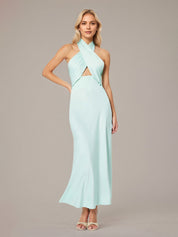 Mint Sheath/Column Satin Halter Neck Sleeveless Floor Length Dress