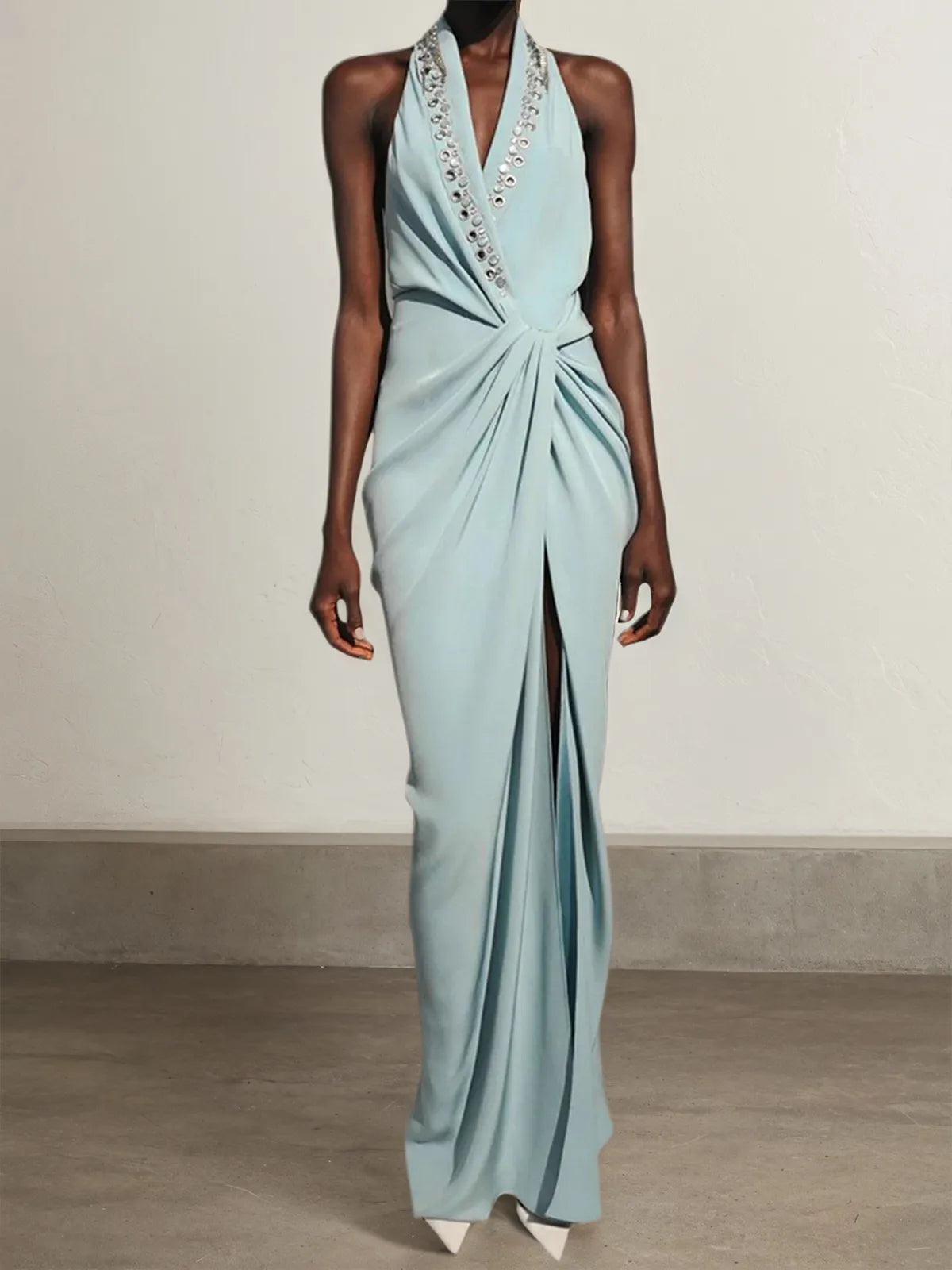Blue Halter Rhinestones Knot Front Slit Sheath Gown Maxi Dress